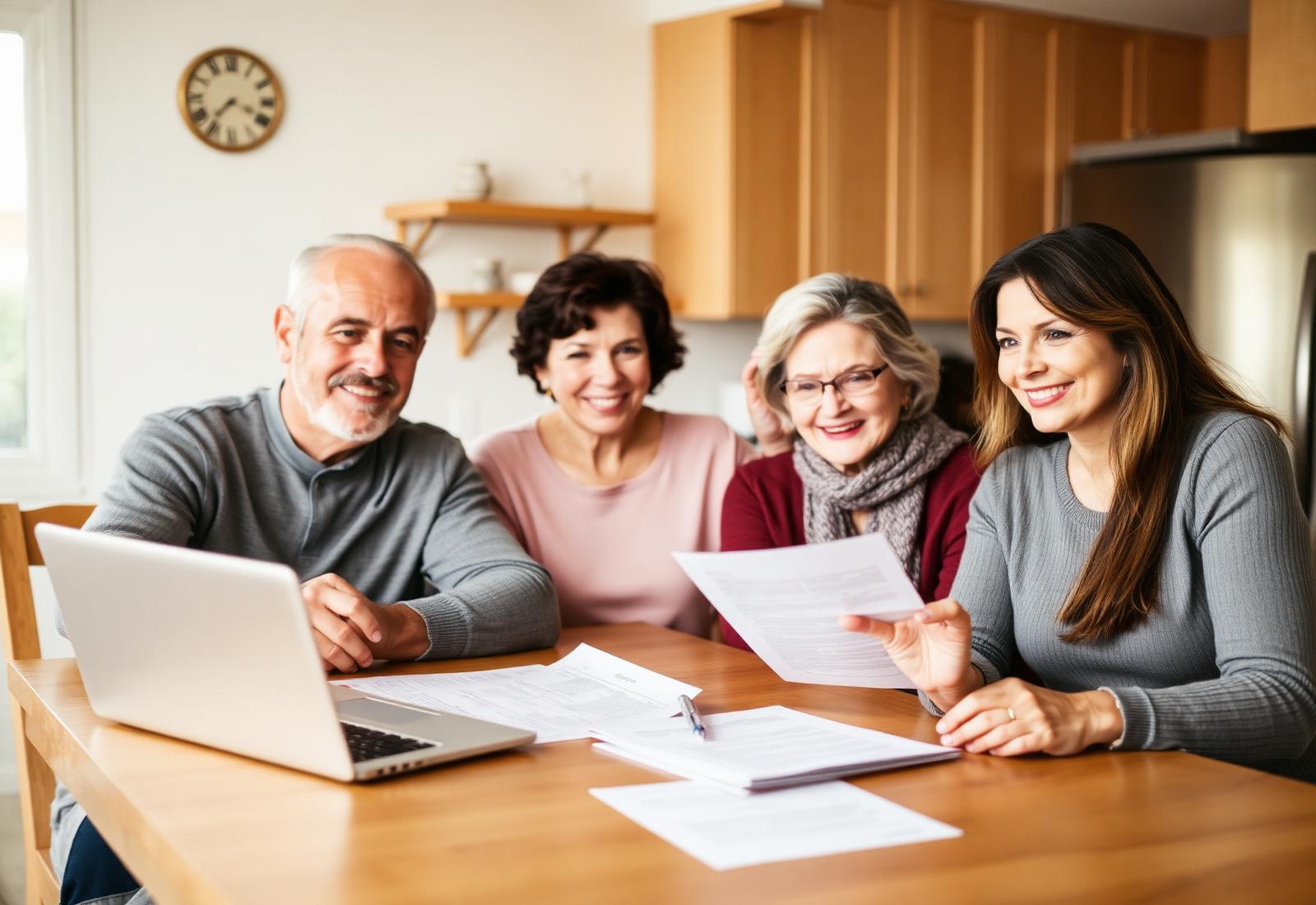 A family completing a birth certificate application form online at home